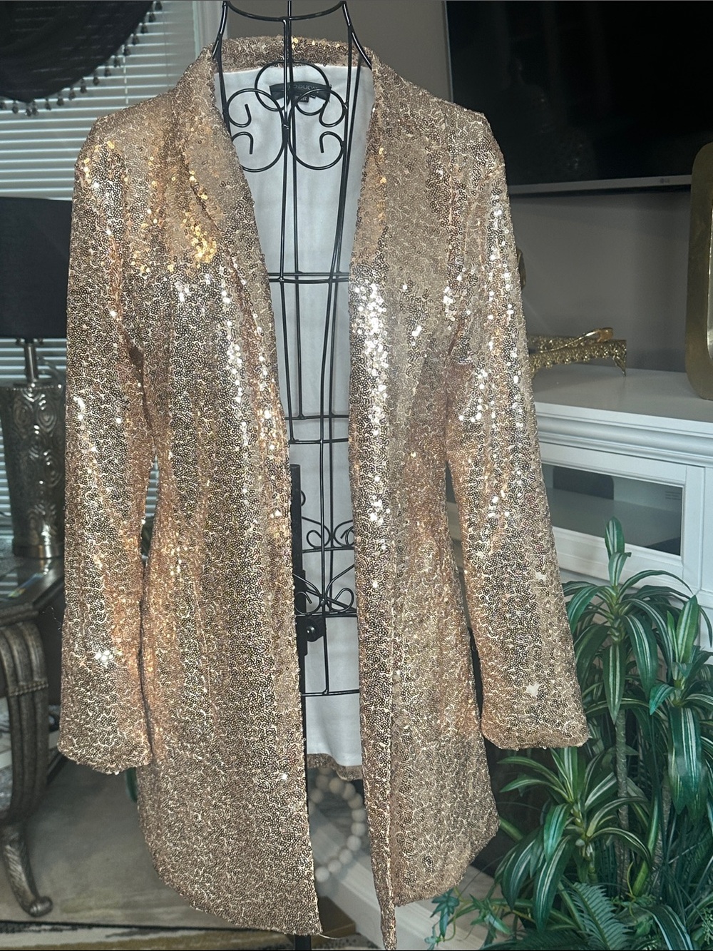 HAODUOYI Gold Sequined Open-Front Long Blazer
